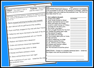 Subjects and Predicates Worksheets