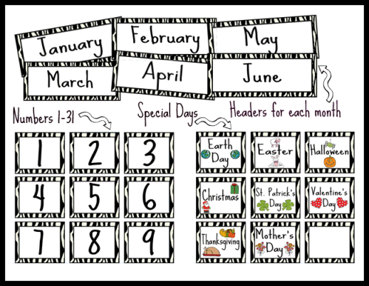 Zebra Themed Calendar Set